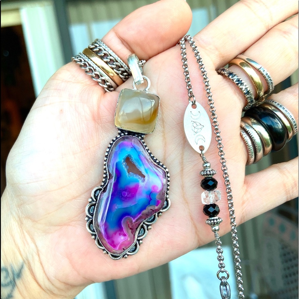 925 Sterling silver purple pink agate necklace - Picture 3 of 9